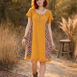 Umgee Fringe Hem Tiered Ruffle Sleeve Linen Blend A-line Pockets Dress M